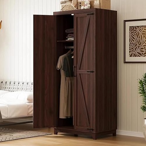 WERSMT Farmhouse Wooden Wardrobe Closet with Doors, 70" Tall Bedroom Armoire Wardrobe Closet with Hanging Rod, Wooden Coat Closet with Door, Espresso