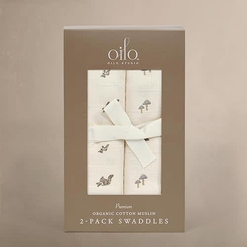 Oilo Premium Muslin Swaddle Blanket Set, Breathable 100% Organic Cotton 4-Way Muslin, Soft Large Receiving Blanket (46" x 46"), 2-Pack, Heirloom Organic Collection, Mushroom & Squirrel