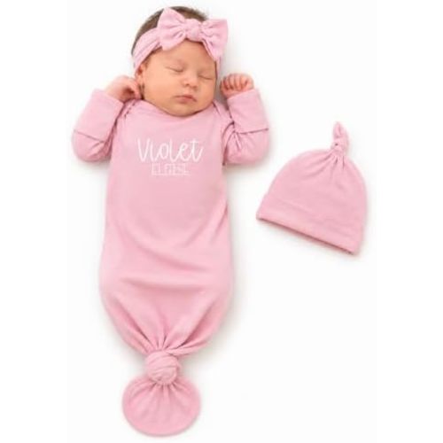 Personalized Newborn Knotted Gown with Hat or Bow, Custom Name Baby Outfit, Soft Bamboo, 0 to 3 Months
