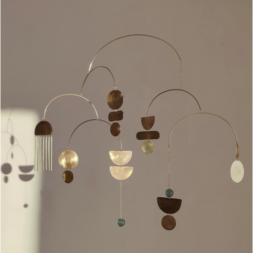 Brass kinetic mobile. Modern hanging art sculpture. Mid-century decor. Glass suncatcher