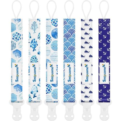 Smlpuame Pacifier Clips for Boys,6 Pack Stylish Binky Clips Strap,Paci Holder with Clip Lightweight Universal Fits Most Pacifiers Teether Toy Teething Ring Soothie,Baby Shower Gifts(Ocean)