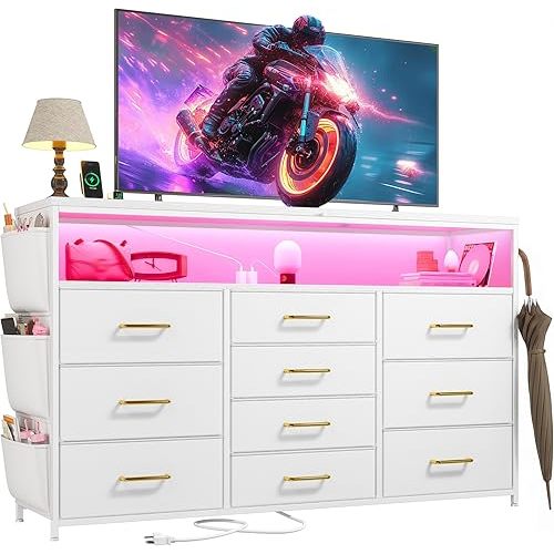 1EnHomee Dresser for Bedroom with 10 Drawers, 55" TV Stands with LED Lights & Power Outlets, Dressers with Shelves & Side Pockets, Hooks for Hallway,White