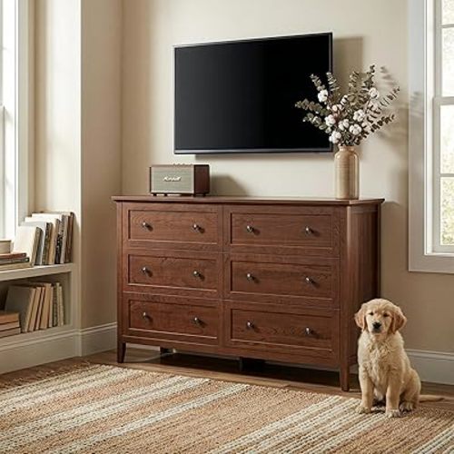 Karl home 6 Drawers Dresser for Bedroom, Brown Wood Dresser with Double Handle, Farmhouse Tall Chest of Drawers, Storage Organizer for Living Room, Closet, Hallway