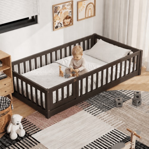 Paproos Twin Size Floor Bed, Solid Wood Frame with Slats, Fence Guardrail and Door, Espresso