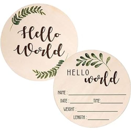 Baby Announcement Sign for Newborn 5.9" Double-Sided Hello World Newborn Name Sign for Hospital Birth Announcement, The Perfect Round Wooden Welcome Baby Sign for New Baby Boy Girl Gifts