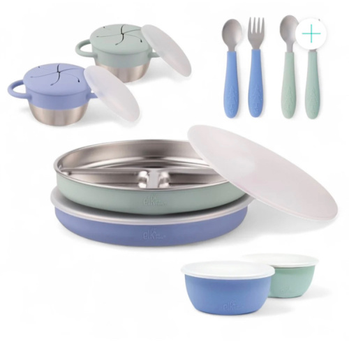 Stainless Steel Mealtime Bundle | Plates, Bowls, Snack Cups + Toddler Utensils | Normal Sleeves | Sage/MistyBlue