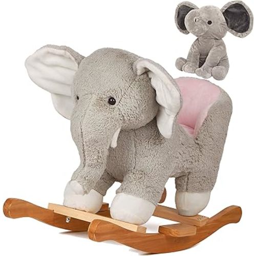 SpecialYou Baby Rocking Horse Wooden Rockers with Seat Elephant Rocking Horse Ride Plush Stuffed Animals Toy -Set of 2, Boy Girl Kids Ride on Toys for 10 Months to 3 Years Old, 25" Lx10 Wx16 H, Gray