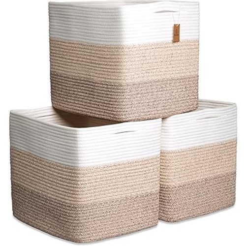 NaturalCozy 13x15x13 Kallax Storage Cubes Bins, 3 Pack | Cotton Rope Cube Storage Bin Woven Baskets for Organizing | Kallax Insert Storage Baskets for Shelves Organizer, Kids Toy, Closet Baby Nursery