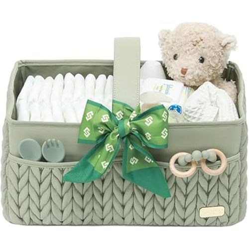 Luxurious Baby Diaper Caddy, Nursery Storage Basket for Newborn Essentials, Travel Baby Basket for Diapers Baby Wipes, Organizer Tote Bag Storage Bin, Baby Shower Gifts(Sage Green)