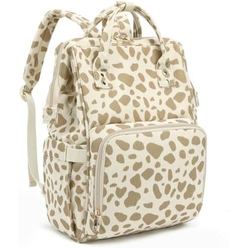 Corduroy Diaper Bag Backpack for Women, Large Capacity Baby Bag for Mom and Girls Boys with Stroller Straps (Cow Print Khaki)