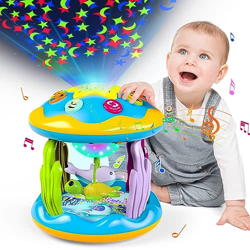 Baby Toys 6 to 12 Months, 4 in 1 Musical Rotating Projector, Tummy Time Light Up Infant Toys For 6-9 12-18 Months, Learning Toy Birthday Gifts for Baby Toddlers 1 2 3 Years old Boys & Girls