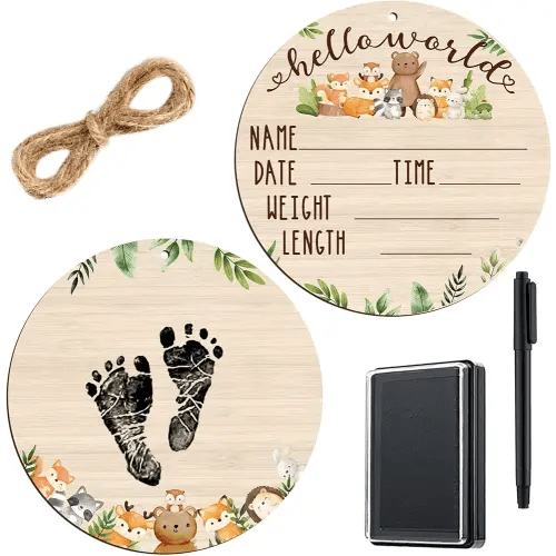 Thyle Baby Announcement Wooden Name Sign for Hospital Birth Double Sided Newborn Welcome Sign with Marker Pen and Ink Pad for Baby Shower Hand Footprints(Jungle)