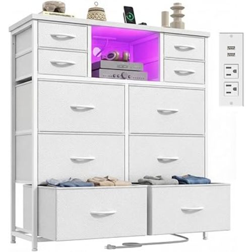 White Dresser for Bedroom with 10 Fabric Drawers,Organizer Unit with LED Light & Charging Station,Sturdy Chest of Drawers with 2 Open Shelves for Hallway,Living Room 11.8"D x 35.4"W x 39.4"H