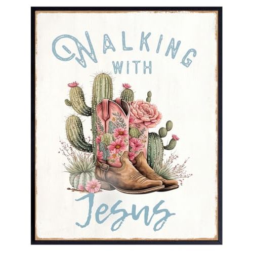 Cowgirl Christian Wall Decor for Women - Country Western Wall Decor - Jesus Wall Art - Bible Verses Art Print - Rustic Farmhouse Kitchen, Family room, Living room - Inspirational Christian Gifts
