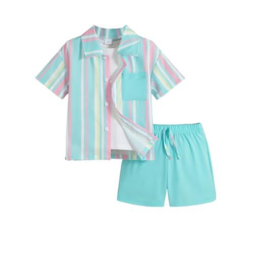 FRCLHWA Boy's 2 Piece Outfit Set Striped Print Polo Shirt and Drawstring Elastic Waist Shorts