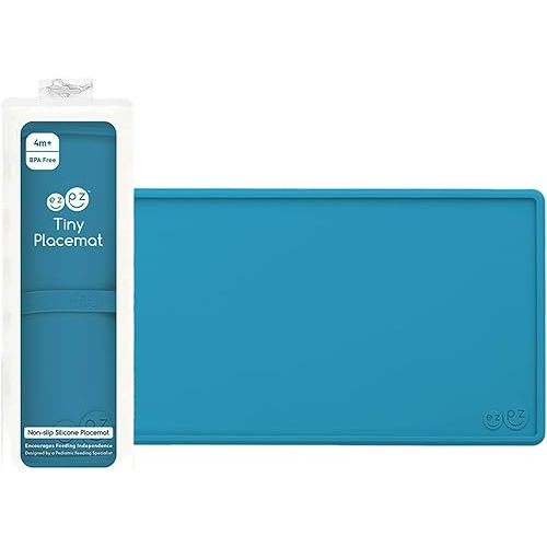 ezpz Tiny Placemat (Blue) - 6 Months+ - Non-Slip, 100% Silicone Placemat for Infants and Toddlers - Fits on Most Highchair Trays - Rolls-Up - Baby Led Weaning Supplies