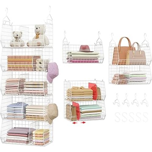 5 Tier Extra Large Closet Hanging Shelves with Divider,2 Pair Hook,16.5"L x 11.8"W x 51.4"H Closets Organizers and Storage,Clothes Organizer Clothing Sweaters Shoes Handbags Clutches Accessories-White