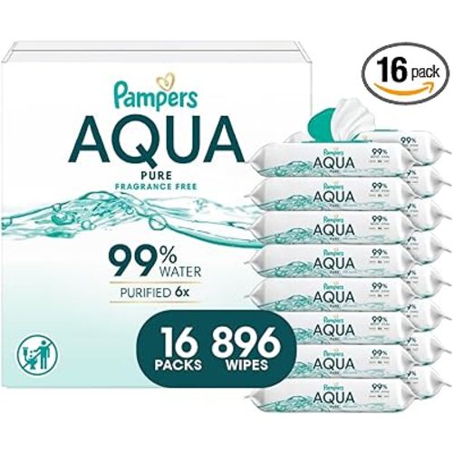 Pampers Aqua Pure Baby Wipes, 99% Water, Fragrance Free, 896 Baby Wipes Total (16X Flip-Top Packs) [Packaging May Vary]
