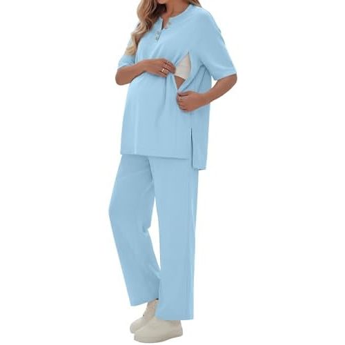 2 Piece Maternity Nursing Set Postpartum Breastfeeding Short Sleeve Zipper Shirts Wide Leg Pants Pregnancy Clothes