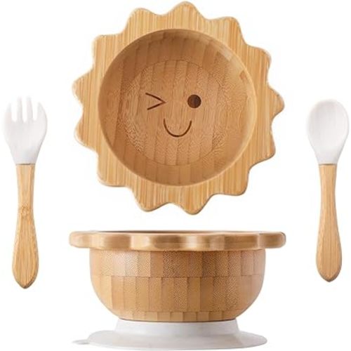 Bamboo Suction Bowl for Baby Kid Toddler Bowl Spoon Fork Set with Removable Silicone Suction All-Natural Baby Feeding Set for Baby-Led Weaning Fits Feeding High Chair Table