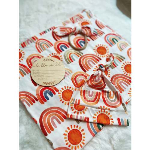 Bowtism Boho Rainbow Swaddle Set with Wooden Birth Plate, Hat & Headband