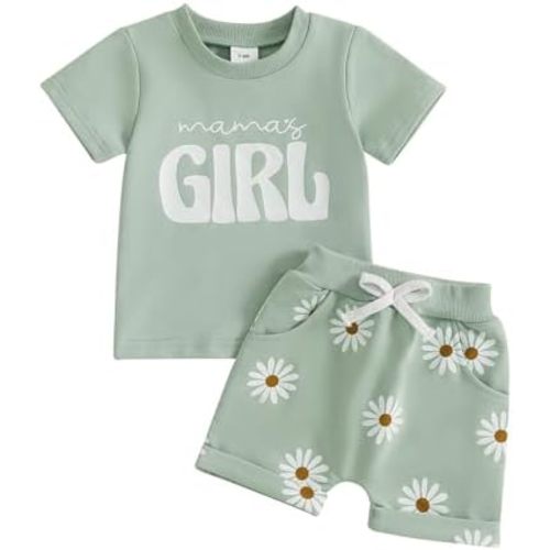 CIYCUIT Toddler Baby Girl Outfit – Short Sleeve Mama’s Girl Print T-Shirt & Daisy Shorts Set – 2-Piece Summer Clothes
