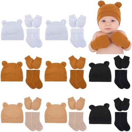 8 Pack Newborn Baby Mittens Hats Socks Set - Unisex Beanie with Bear Ears,Cotton,NICU Essentials for Preemie Girl Boy