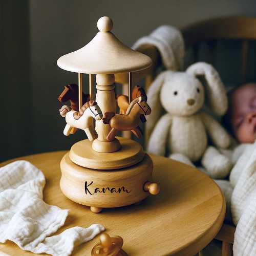 Personalized Wooden Carousel Music Box – Newborn Baby Keepsake