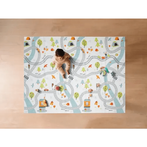 Nuby Reversible Baby Floor Mat - Foldable and Lightweight Foam Infant Play Mat - 77" x 58" - Easy Storage and Travel - Car Tracks/Alphabet