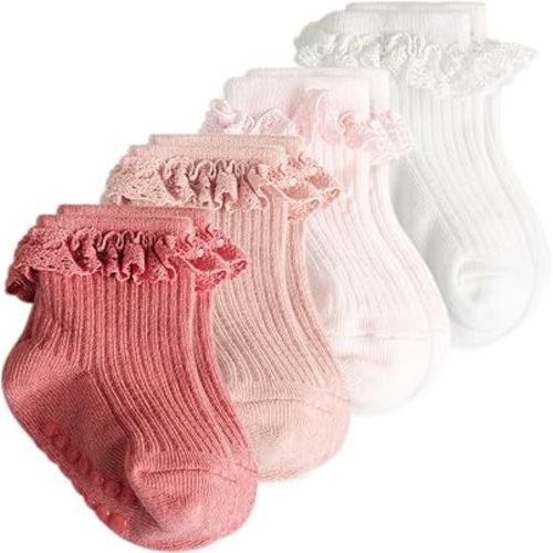 AQOKKA Baby Girl Toddlers Socks with Non-slip Grip Cute Frilly Ruffle Ankle Soft Cotton Newborn Baby Socks for Infant Kids