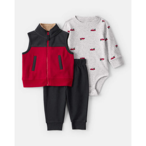 Baby Boy 3-Piece Christmas Tree & Truck Print Vest, Bodysuit & Pant Set - Red/Black/Grey | Carter's