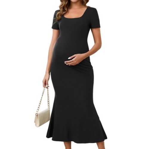 INSPIRE CHIC Women's Square Neck Fishtail Hem Bodycon Fitted Ribbed Pregnant Maternity Dress X-Large Black