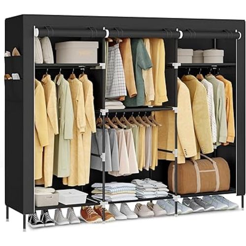 SONGMICS Portable Closet, Fabric Wardrobe, Clothes Rack with Shelves, Pockets, Large Capacity, 4 Hanging Rods, 74.4 x 17.7 x 70.9 Inches, Black URYG011BZ02