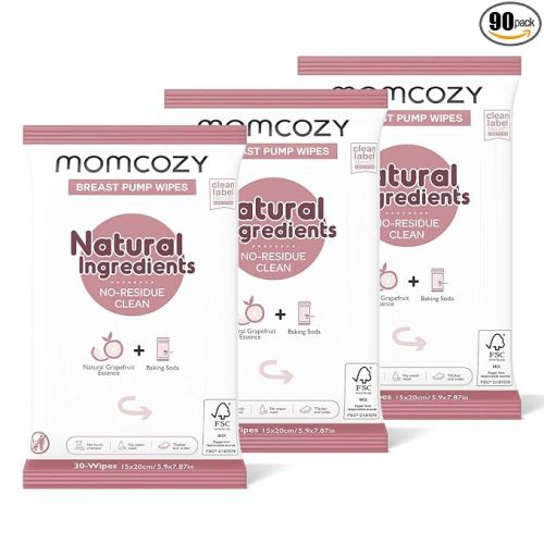 Momcozy Natural Breast Pump Wipes for Pump Parts Cleaning On-the-go, 30 Count (Pack of 3), Flash Clean & Resealable Pump Wipes