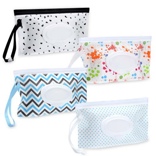 CAIDI 4Pcs Baby Wet Wipe Pouch, Portable Baby Wipes Case, Reusable Refillable Travel Wet Wipe Holder Bag