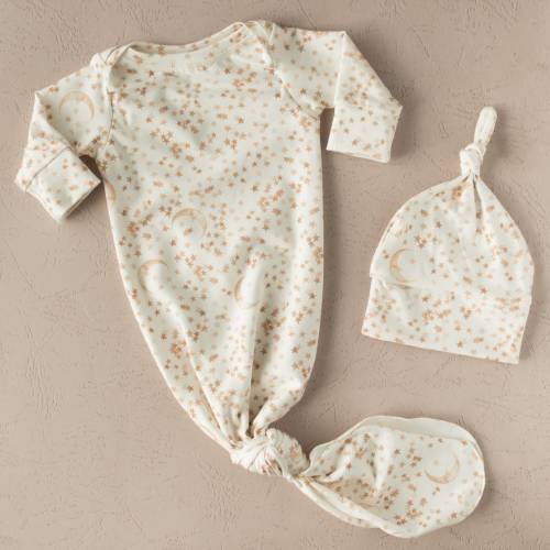 Moon and Star Baby Gown Set: Organic Newborn Knotted Outfit