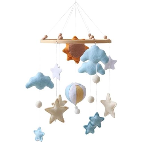 Sun Hot Air Balloon Crib Mobile, Handmade Felt Decorations with Cloud and Star Hanging Toys for Nursery, Soft and Safe