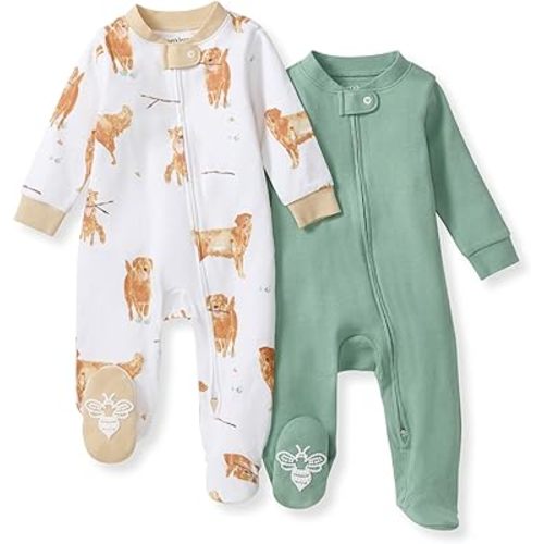 Burt's Bees Baby Boys Sleep and Play Pajamas, 100% Organic Cotton, One-piece PJs, Diagonal Zip Up Loose Fit Footie