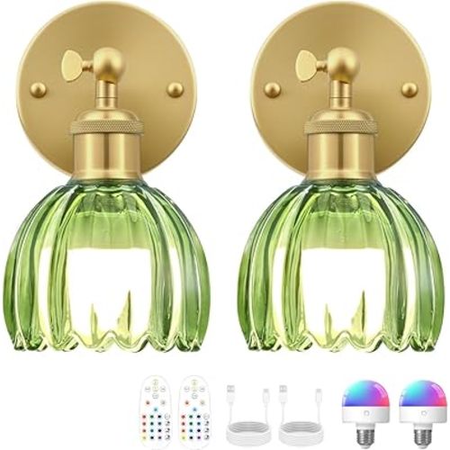 Vintage Battery Operated Wall Sconce, Green Tulip Glass Lampshade Wireless Rechargeable Battery Powered LED Wall Light with Remote Dimmable for Bedside Bedroom Doorway Living Room, Set of 2