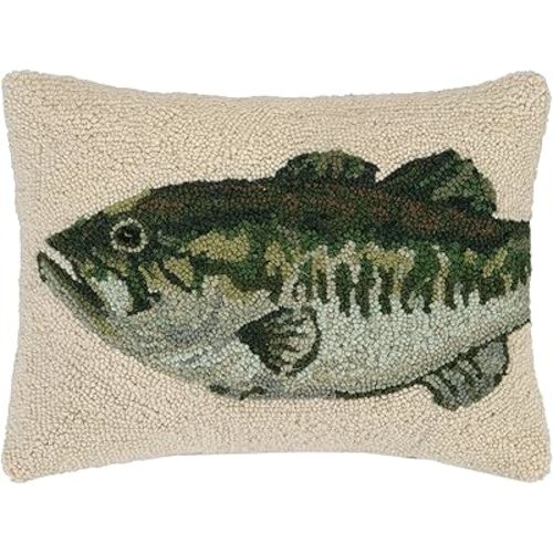 Bass Wool Hook Pillow for Lake House or Cabin by The Pillow Shoppe, 12x16 Oblong