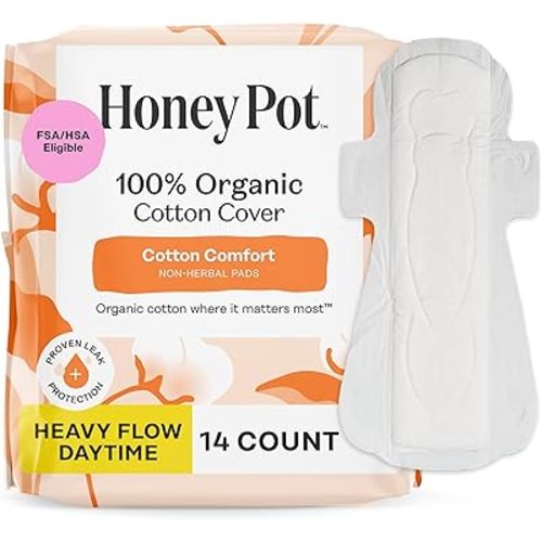 The Honey Pot Company - Sanitary Pads for Women - Non-Herbal Heavy Flow Daytime w/Wings - Organic Cotton Cover & Ultra-Absorbent Core - Feminine Care - 14 ct