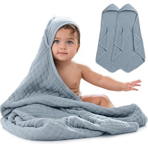 Comfy Cubs Hooded Baby Towel 2-Pack, Large 32 x 32 Inch - 6 Layer 100% Muslin Cotton for Babies, Toddlers and Kids - Soft & Absorbent Baby Bath Towels - Unisex Design for Bath Time - Pacific Blue
