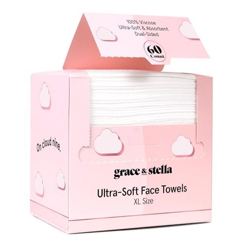grace & stella Face Towels Disposable XL- Travel Essentials (60 Count) | Ultra-Soft & Absorbent Face Wipes Towelettes, Facial Towels for Cleansing & Makeup Removal - Face Cleansing Foaming Nets