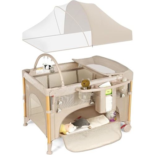Baby Bassinet 5 in 1 Pack and Play,Baby Crib Adjustable Beside Sleeper One-Second &One-Hand Setup,Portable Playard Foldable Playpen for Newborn,Babies and Toddlers with Changing Table,Mattress (Beige)