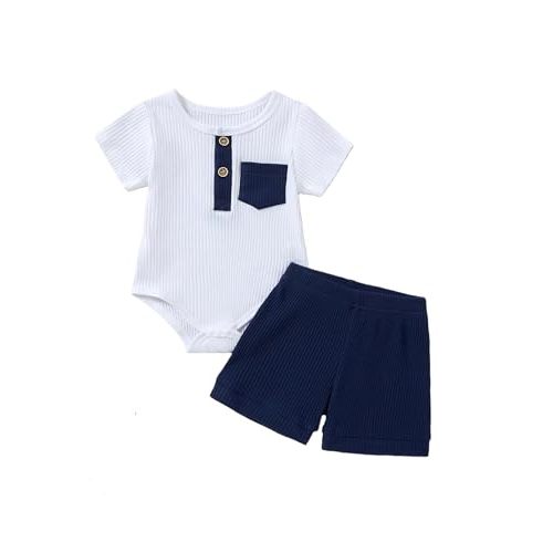 Baby Boy Outfits 2 Piece Short Sleeve Romper Top and Shorts Set Baby Boy Summer Clothes 0-18M