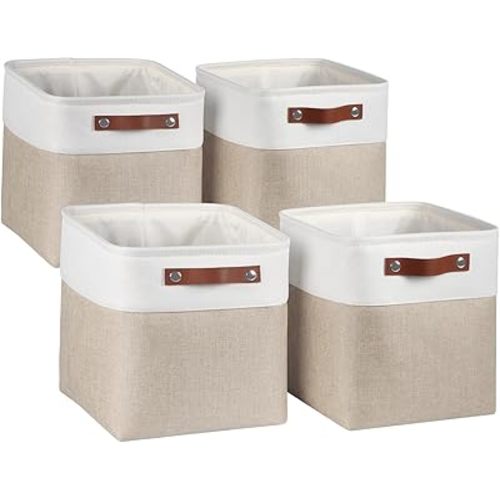Univivi 4 PC Foldable Storage Baskets,10.5 inch Fabric Storage Bins for Shelf with Hard Bottom,Storage Baskets with PU Handles Cube Storage Bins for Closet Organizing (Khaki)