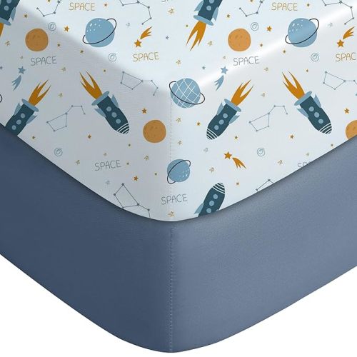 Yoofoss Baby Crib Sheets for Boys Girls, Fitted Crib Sheet 2 Pack for Standard Crib and Toddler Mattress, Super Soft Microfiber Baby Sheet 28x52x8in(Blue Rocket)