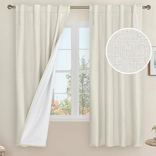 LAMIT Natural 100% Blackout Linen Curtains, 63 Inches Linen Textured Thermal Bedroom Curtains Back Tab and Rod Pocket Neutral Panels with White Liner for Farmhouse, 2 Panels, 38 x 63 Inch, Ivory