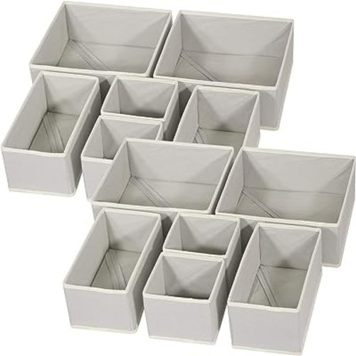 Drawer Organizer, 12 Pack Foldable Closet Organizer and Storage Baskets Bins Linen Clothes Organizer, Dresser Drawer divider for Baby Clothing, Underwear, T Shirt, Bras, Socks (Light Grey)