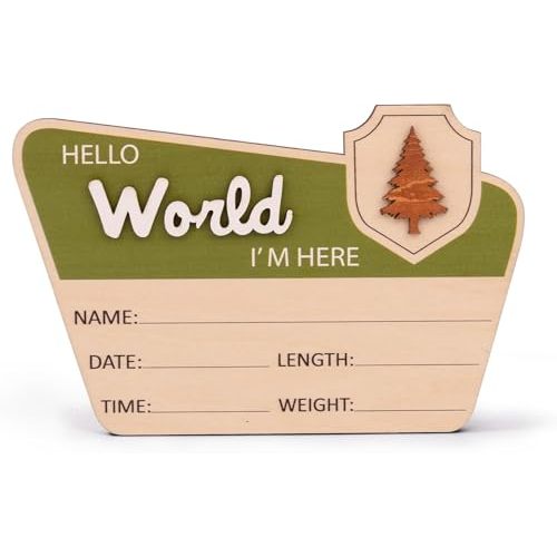 Adventure Hello World I'm Here Sign, Wooden Retro Birth Announcement Prop, 6.5" Camping Nursery Keepsake Gift new